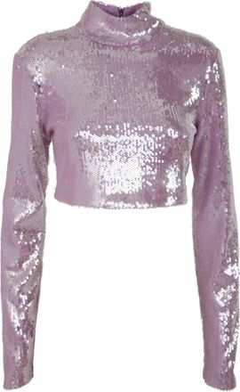 Rotate Sequin Turtleneck Cropped Top - Dames - Longsleeves - Roze - XS - Pailletten - Tops