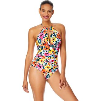 Anne Cole Womens Gradient Floral High Neck With Ruffled Straps One Piece Swimsuit at Nordstrom, Size 16