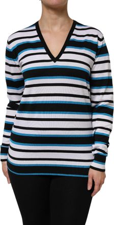 Dolce & Gabbana Womens Multicolor Stripes Long Sleeves V-Neck Top Cashmere Silk