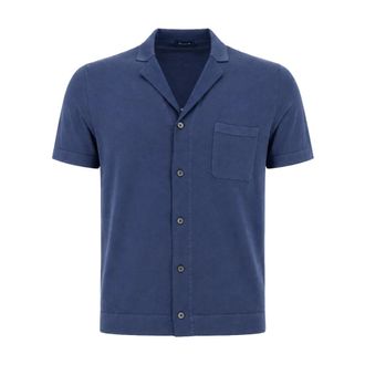 Drumohr Ribbed Short Sleeve Shirt - Heren - Korte mouwen Overhemden - Blauw - M - Katoen - Overhemden