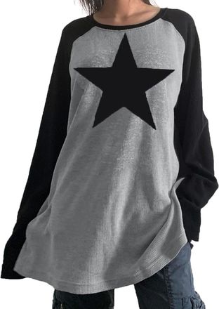 Generic Women Harajuku Long Sleeve Shirt Y2K Skull Print Tops Long Sleeve Off Shouder Loose T Shirts Grunge Goth Clothes Grey