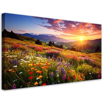 Feeby Cuadro Sobre Lienzo, Pradera Con Flores Silvestres Paisaje De Monta&ntilde;a, 120x60