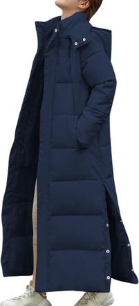 Generic Ladies Waterproof Coats, Maxi Puffer Jacket Women Longline Hood Padded Coat with Side Split Length Winter Warm Quilted Parka Coat Classic Solid Color 