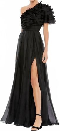 Mac Duggal Ruffle Layered One Shoulder Gown In Black