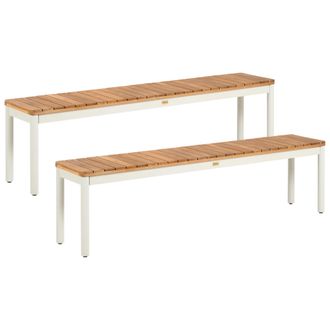 Beliani Conjunto De 2 Bancos De Jard&iacute;n Modernos De Madera De Acacia Con Listones Y Estructura De Metal Marr&oacute;n Corricella