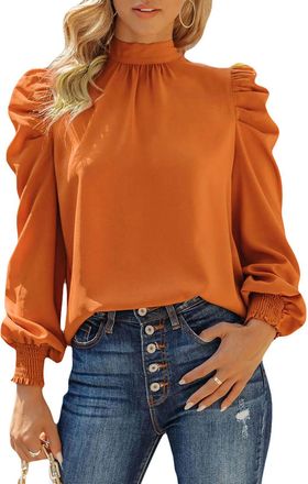 Dokotoo Womens Blouses Top Elegant Puff Sleeve Turtleneck Ruffle Chiffon Shirts Casual Loose Womens Blouse Spring Fall Ladies Tops Orange S UK 6-8