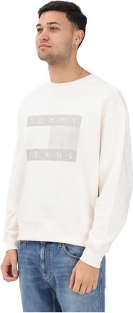 Tommy Jeans 90s Tonal Flag Badge Sweatshirt - Heren - Sweatshirts - Wit - M - Katoen - Hoodies & sweatvesten
