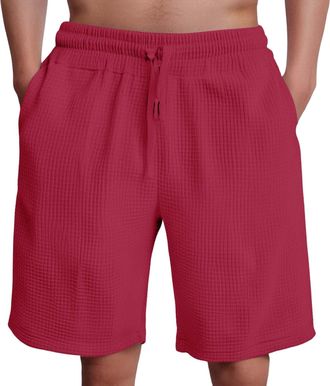 Generic Mens Waffle Knit Shorts Mens Lounge Shorts Breathable Textured Short Knit Walking Short Summer Beach Trunks Solid Color Vacation Trunks Stretch Fit Sl
