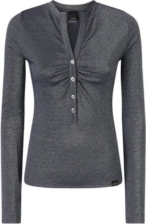 Pinko Metallic Geribbelde Lange Mouw Henley Trui - Dames - V-hals truien - Blauw - S - Truien & Vesten
