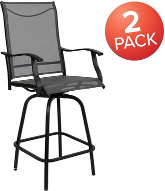 Flash Furniture Patio Bar Height Stools Set of 2, All-Weather Textilene Swivel Patio Stools and Deck Chairs with High Back & Armrests in Gray