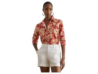 Lauren Ralph Lauren Petite Relaxed Fit Floral Linen Shirt Womens Clothing Red/Tan : PL