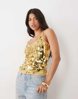 Asos top senza maniche con scollo rotondo e paillettes sparse dorate-Oro