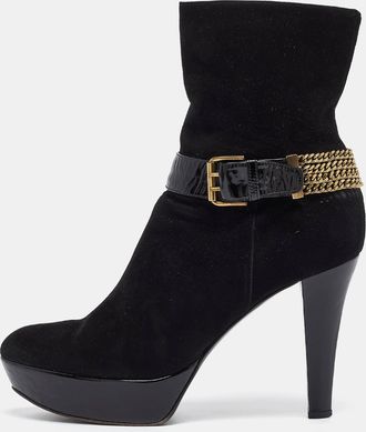 Casadei Black Suede Buckle Chain Embellished Platform Ankle Boots