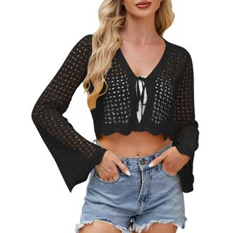 Generic Cropped Cardigan Hollow Out Womens Tie Front Cropped Cardigan Long Sleeve Crochet Bolero Shrug Sweater Bell Sleeve Knit Crop Top Black