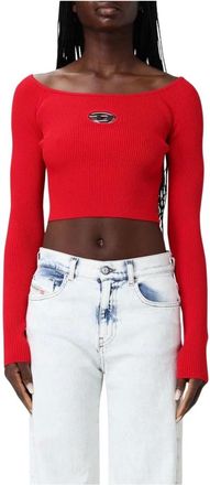 Diesel Round-neck Knitwear, female, Red, L, Ribbed Knit Top with Cutout Detail