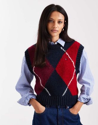 Tommy Jeans Maglione smanicato bordeaux e blu navy a losanghe