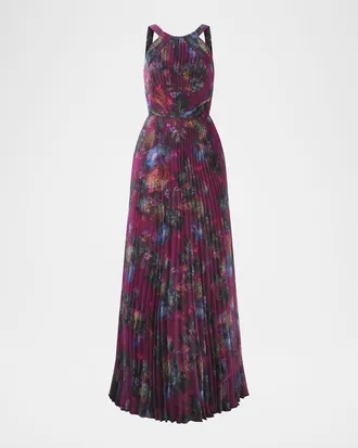 Theia Naveen Pleated Floral-Print Organza Gown
