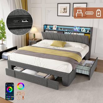 Matteo 4ft6 Double Upholstered Bed with Storage & LED Headboard, Grey