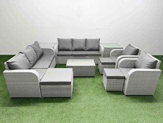 Fimous PE Rattan High Back Lounge Sofa Set Patio Coffee Table & Chairs Set with 3 Seater Sofa Reclining Chair 3 Stools 2 Side Table Light Grey