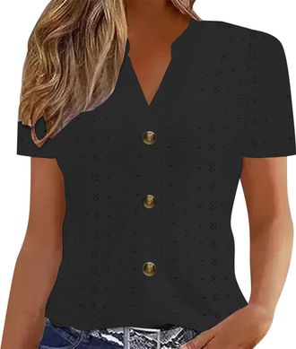 Generic Womens Eyelet Short Sleeve Shirts V Neck Button Down Plain Casual T Shirts Ladies Business Smart Office Work Blouse Tops Black
