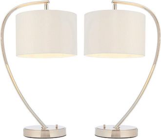 Loops 2 PACK Modern Curved Arm Table Lamp Nickel & White Shade Bedside Feature Light