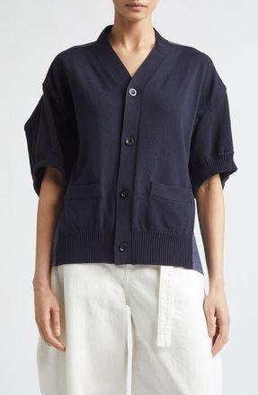 sacai Short Sleeve Mixed Media Cardigan in Navy/Blue at Nordstrom, Size 1