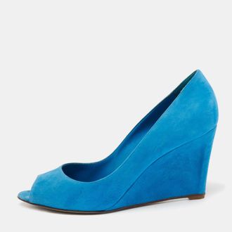 Sergio Rossi Blue Suede Peep Toe Wedge Pumps