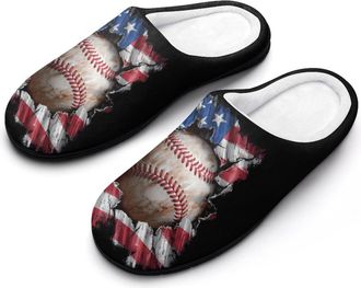 Generic Baseball U.S. Flag Mens House Slippers Memory Foam Washable Cotton Slip on Home Shoes