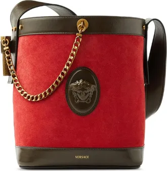 Versace Pivot Small Suede Bucket Bag