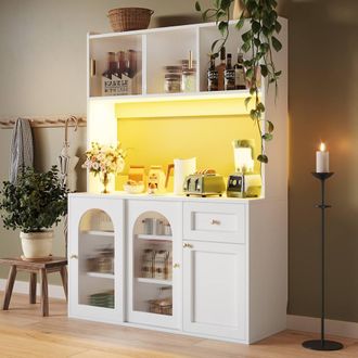 Merax Kitchen Pantry Cabinet With LED Light, Hutch & Worktop in White