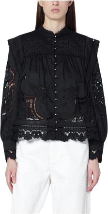Farm Rio Blouse van Broderie Anglaise Katoenpopeline - Dames - Overhemden - Zwart - L - Katoen - Overhemden