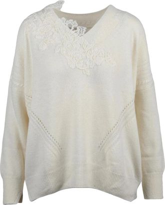 Ermanno Scervino White Embroidered Merino-Cashmere V-Neck Sweater
