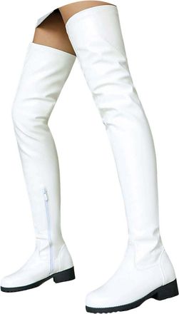 Generic Womens Ladies Thigh high Over The Knee Flat Boots Rounded Toe All Season Elastic Tall Thigh High Boots for Wide Calves Zipper Design Party Outfits (Wh