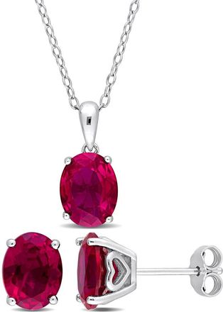Delmar Oval Lab Grown Ruby Stud Earrings & Pendant Necklace Set in Red at Nordstrom Rack