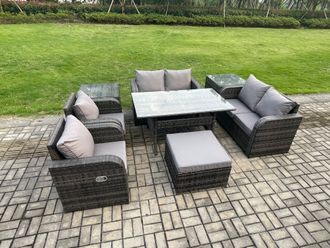 Fimous Rattan Outdoor Furniture Garden Dining Set Rectangular Table & Chair Sofa Set With 2 Side Tables Big Footstool in Dark Grey