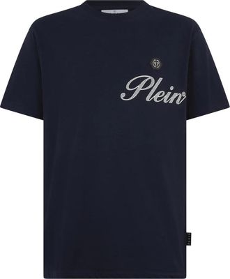 Philipp Plein Tops, Heren, Blauw, M, Katoen, Round Neck T-Shirt Signature
