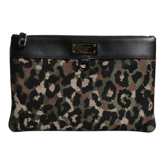 Dolce & Gabbana Clutches, unisex, Multicolor, Size: ONE SIZE Leopard Jacquard Print Logo Plaque Pouch Bag