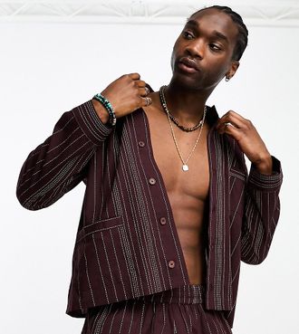 Reclaimed Vintage long sleeve lightweight shirt with stripe embroidery in burgundy - part of a set-Red