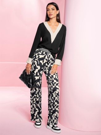 Heine Langarmbluse HEINE, Damen, Gr. 36, schwarz, 100% Polyester, gemustert, mehrfarbig, unifarben, V-Ausschnitt, Blusen Langarmbluse