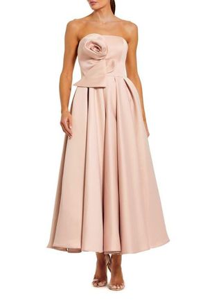Mac Duggal Strapless Satin A Line Midi Dress With 3D Flower in Rose Pink at Nordstrom, Size 12