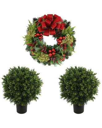 Creative Displays Inc. 26In Traditional Christmas Wreath & Set Of 2 Uv-Rated Boxwood Topiary Drop-Ins