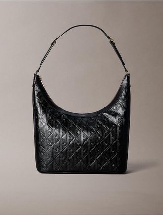 Calvin Klein Womens Debossed Allover Emblem Logo Shoulder Bag - Black