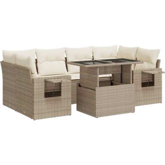 vidaXL Vidaxl - Set Sof&aacute;s De Jard&iacute;n 7 Piezas Y Cojines Rat&aacute;n Sint&eacute;tico Beige