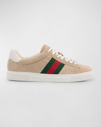 Gucci Mens Ace Suede Monogram Low-Top Sneakers