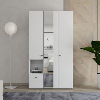 Dmora Armario 3 Puertas Patzcu, Ropero Para Dormitorio Con Caj&oacute;n, 5 Estantes, 117x52 Cm Blanco Mate