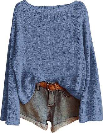 Generic Fairisle Norwegian Womens Jumpers Ethnic Art Print Casual Pullover Knitted Sweaters for Women UK Fashion Long Sleeve Tops Chenille Crewneck Blouse War