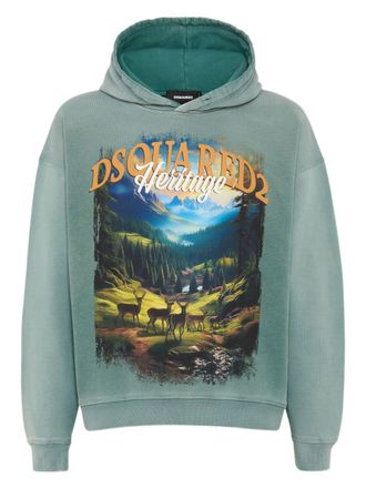 Dsquared2 Illustration-Style Print Hooded Sweater in Muted Aqua Green