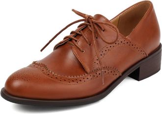 Generic Womens Two Tone Brogue Oxfords Lace-Up Round Toe Wingtip Perforated Low Chunky Heel Dress Shoes Comfortable Classic Vintage Inspired Style,Brown,6.5 U