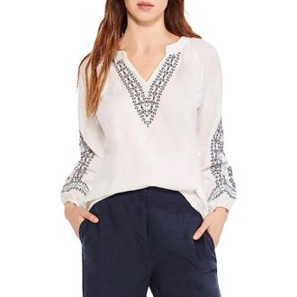 Nic+Zoe Nic+Zoe Solstice Top Womens White Embroidered V-Neck Long Sleeve FROG157