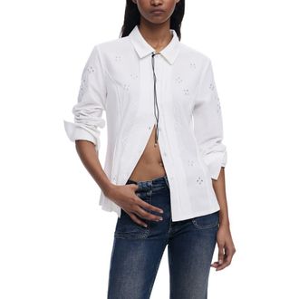 Desigual Eyelet Cotton Blend Button-Up Shirt in White at Nordstrom, Size Small